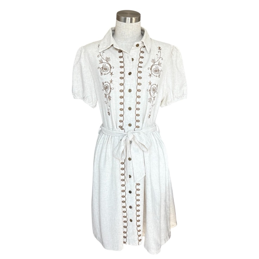 Embroidered Floral Polo Beige Midi Dress